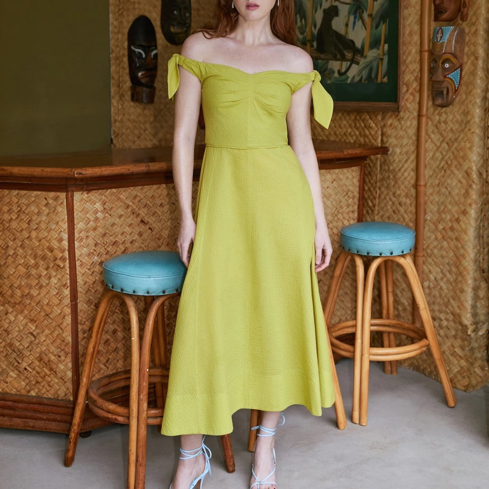 Tanya Taylor Green A-Line Midi Dress with Sweetheart Neckline